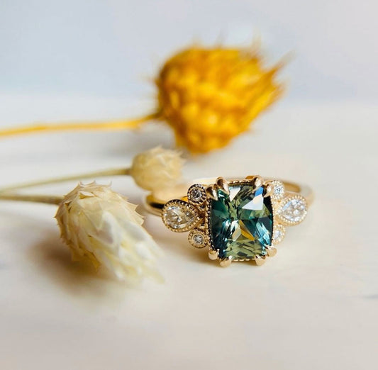 14K Yellow Gold Teal Sapphire Diamond Engagement Ring Jilian Maddin