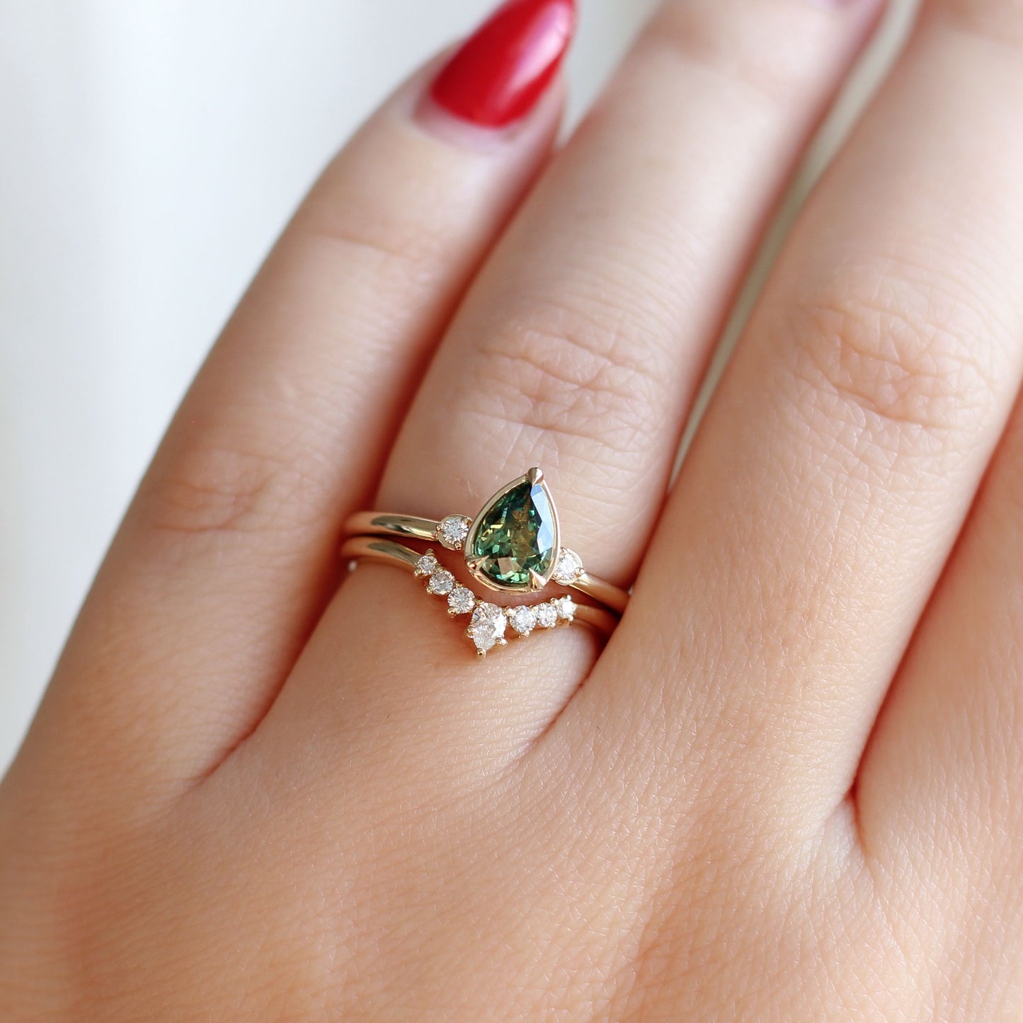 Green Pear Sapphire Engagement Ring