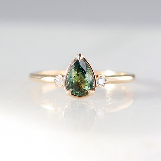 Green Pear Sapphire Engagement Ring