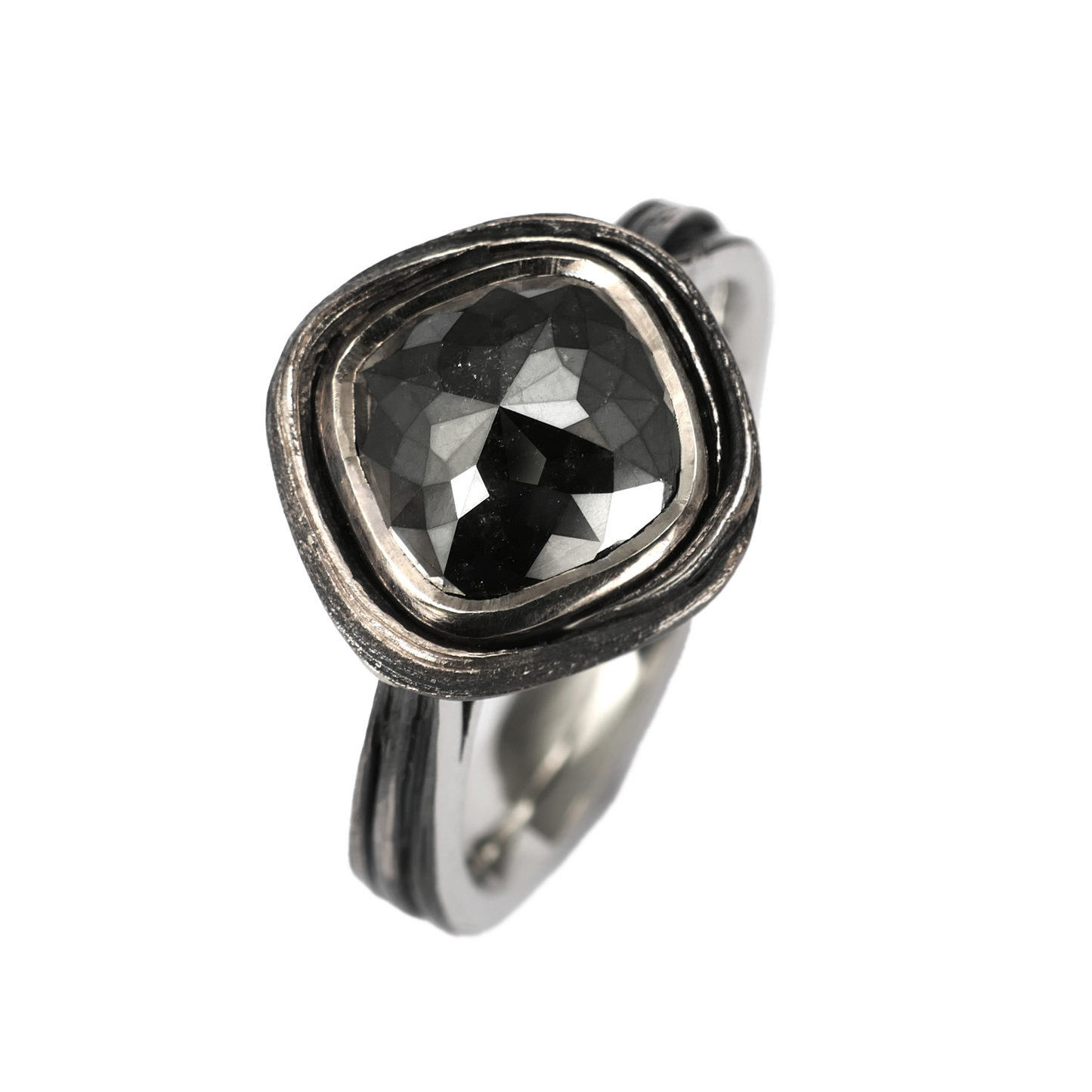 Black Cushion Rose-Cut Diamond Mitsuro Solitaire