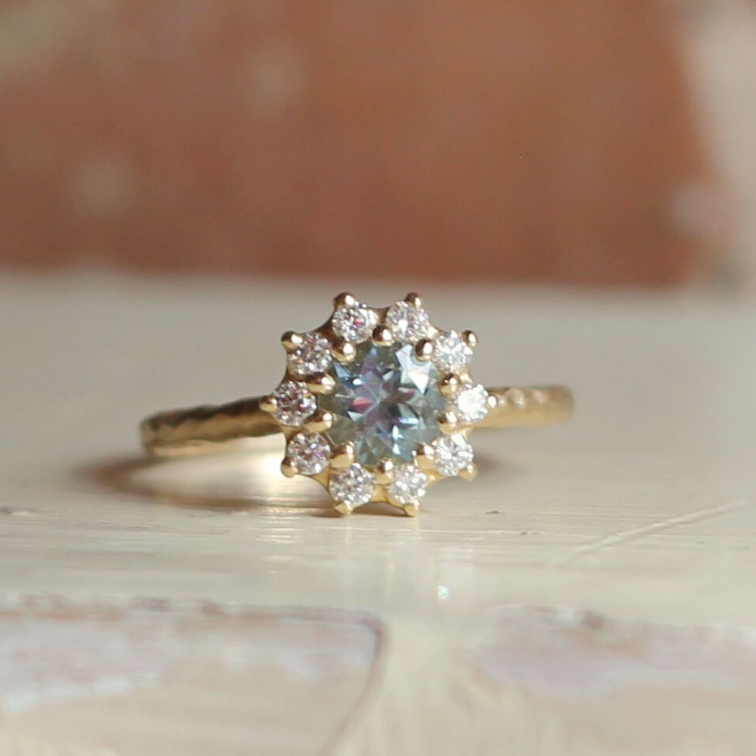 Round Brilliant Aquamarine & Diamond Halo Solitaire Engagement Ring