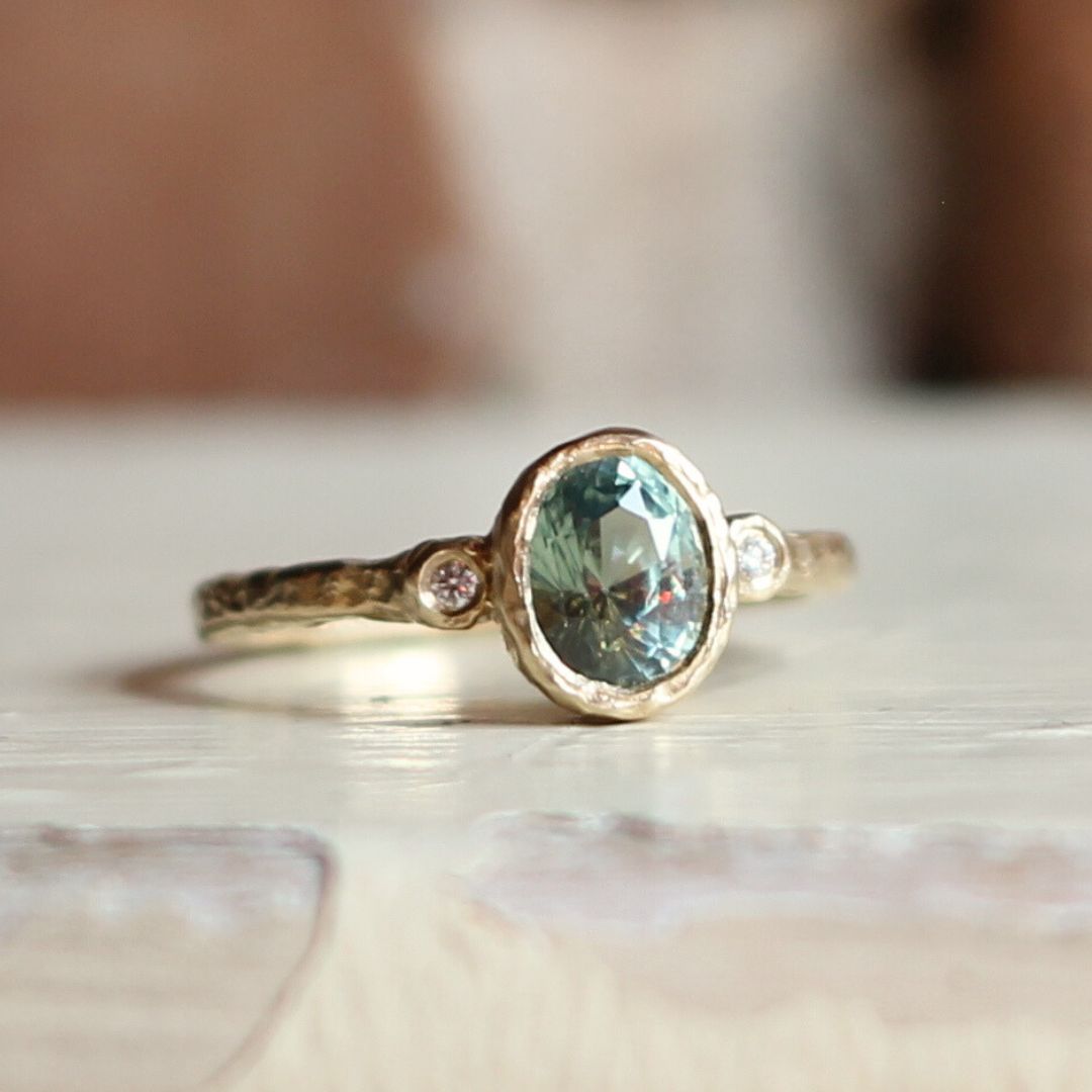 Green Sapphire & Diamond Engagement Ring