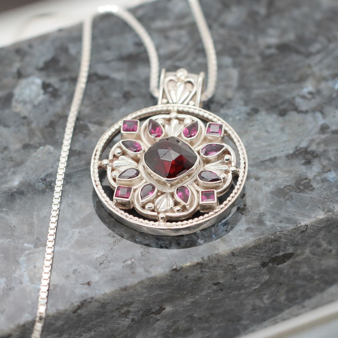 Garnet Mandala Pendant Necklace