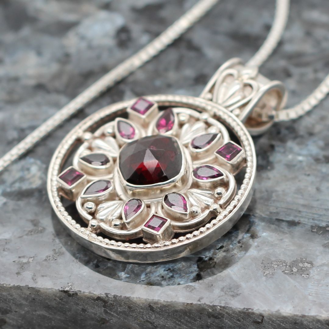 Garnet Mandala Pendant Necklace