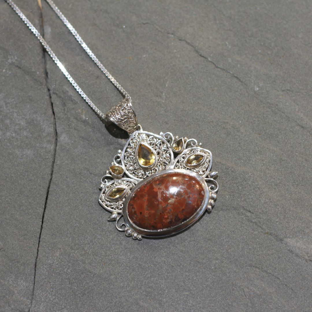 Copper Stone & Citrine Silver Pendant Necklace