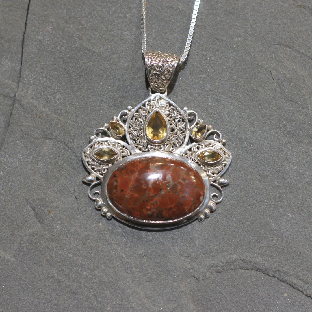 Copper Stone & Citrine Silver Pendant Necklace