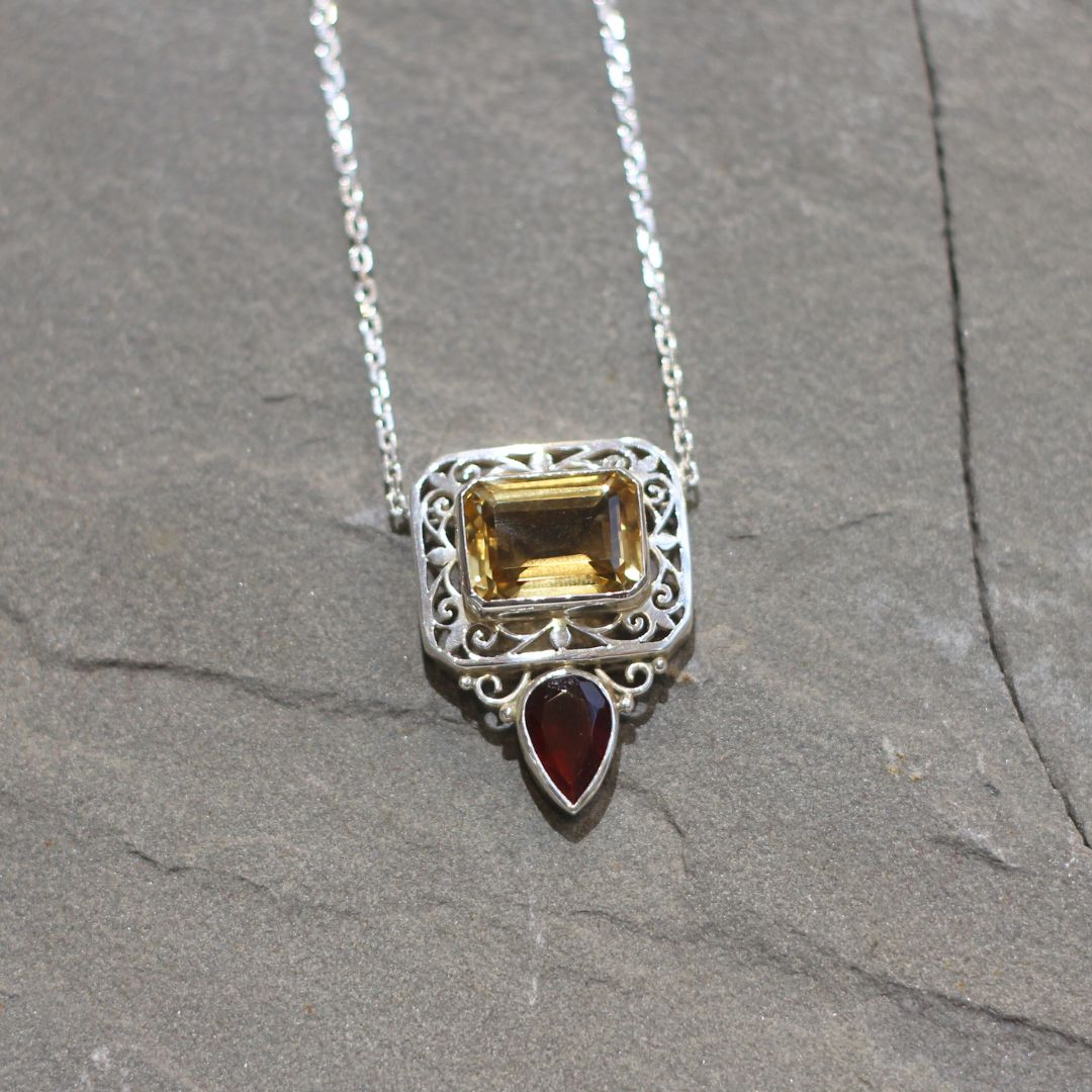 Citrine & Garnet Silver Pendant Necklace