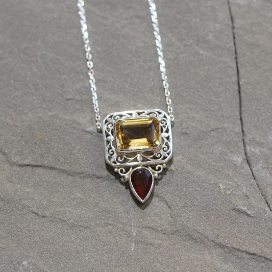 Citrine & Garnet Silver Pendant Necklace