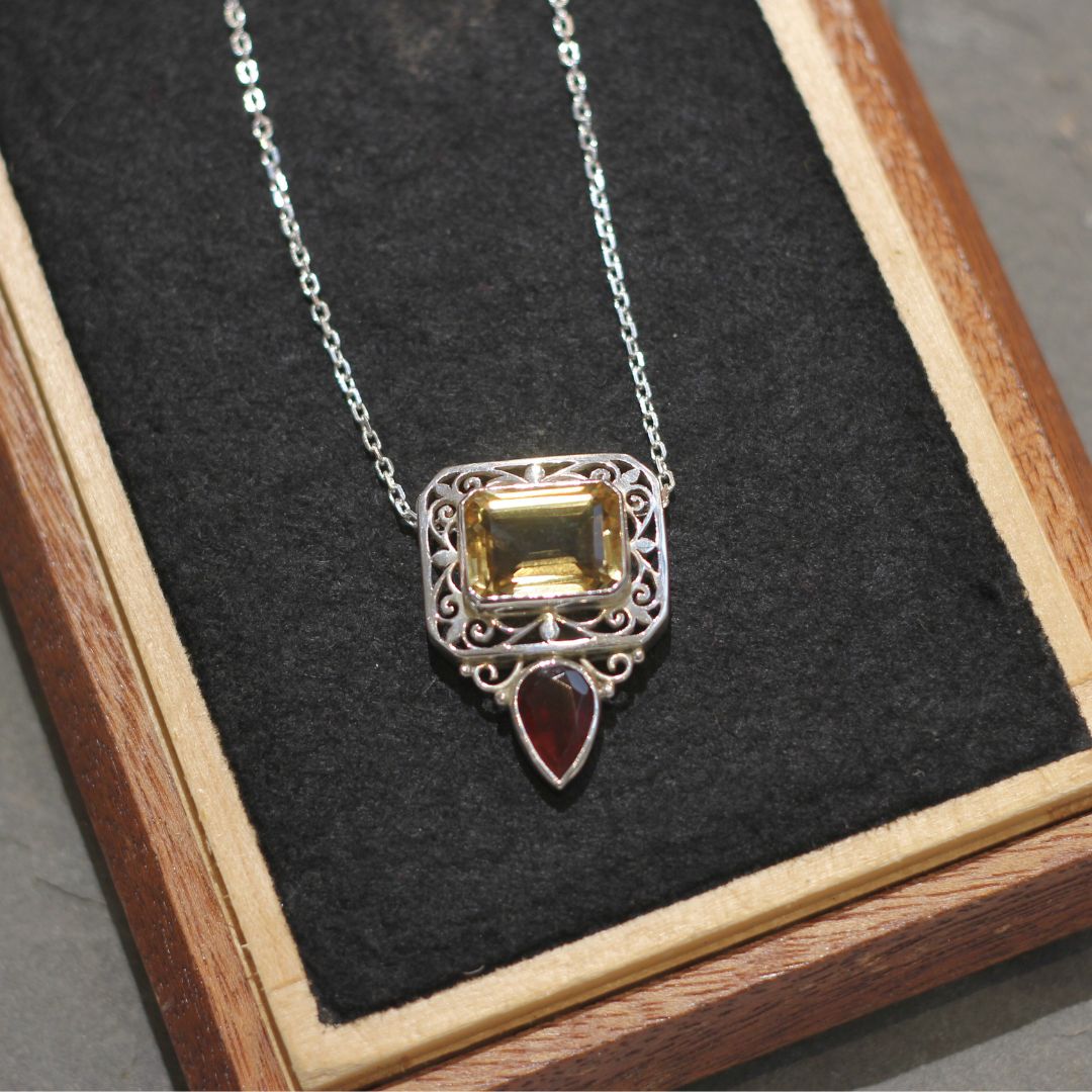 Citrine & Garnet Silver Pendant Necklace