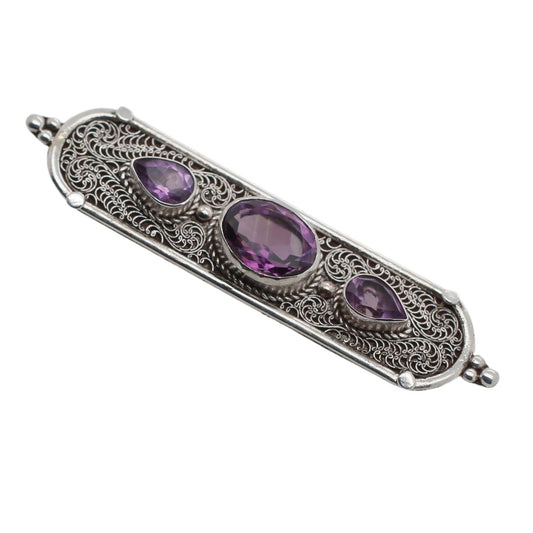 Amethyst Silver Detailed Brooch