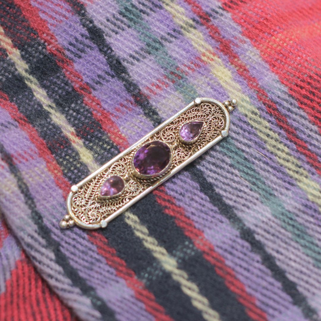 Amethyst Silver Detailed Brooch