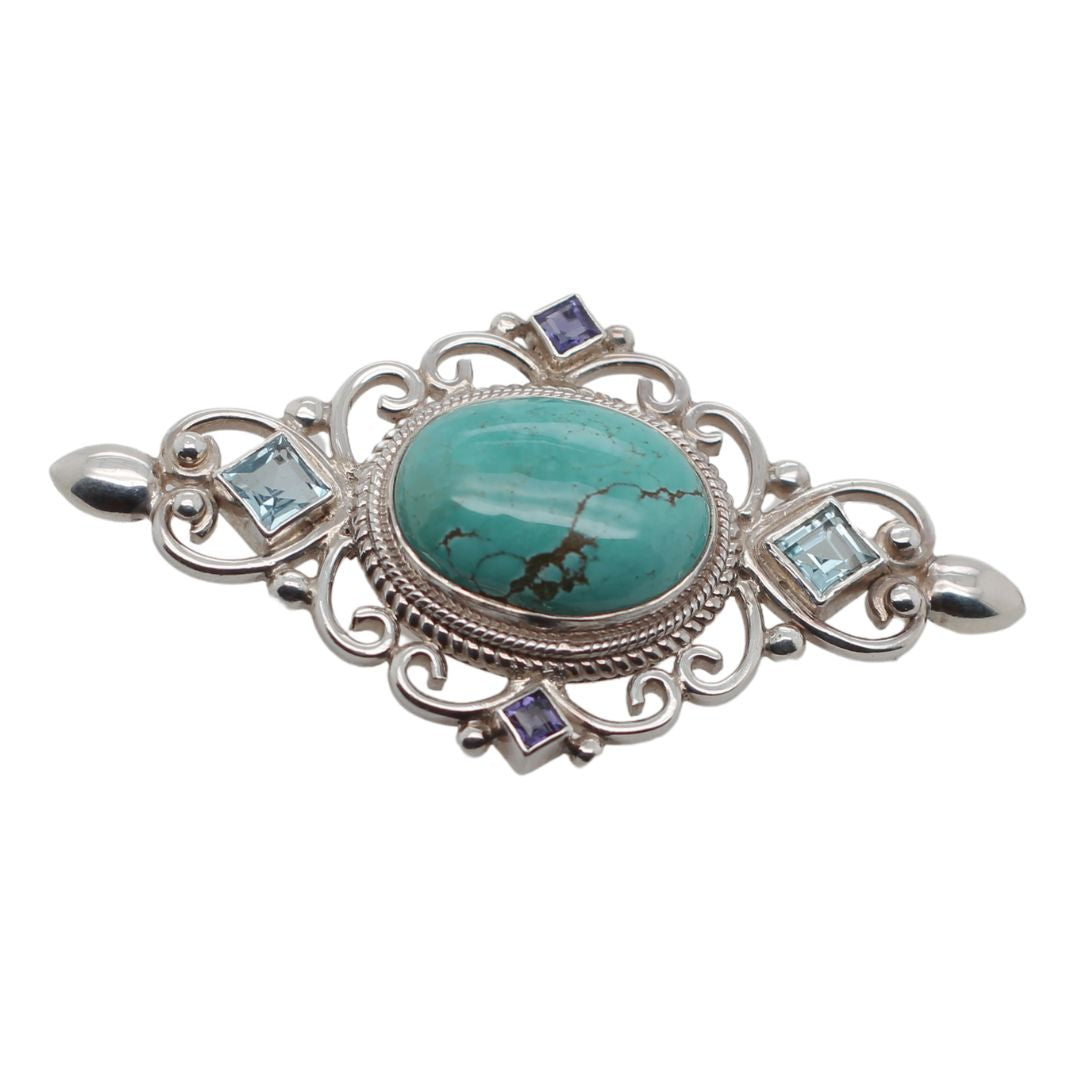 Turquoise & Gemstone Silver Brooch