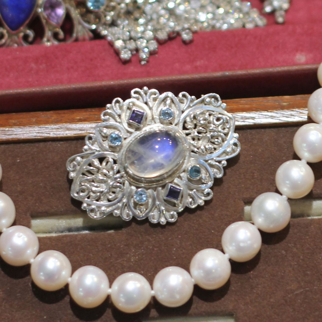 Moonstone & Gemstone Silver Brooch