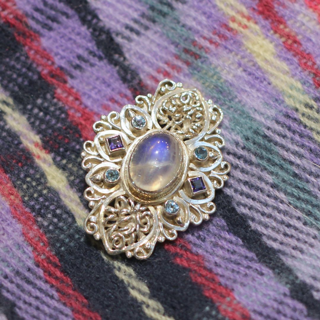 Moonstone & Gemstone Silver Brooch