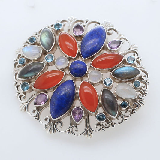 Large Round Silver Gemstone Brooch