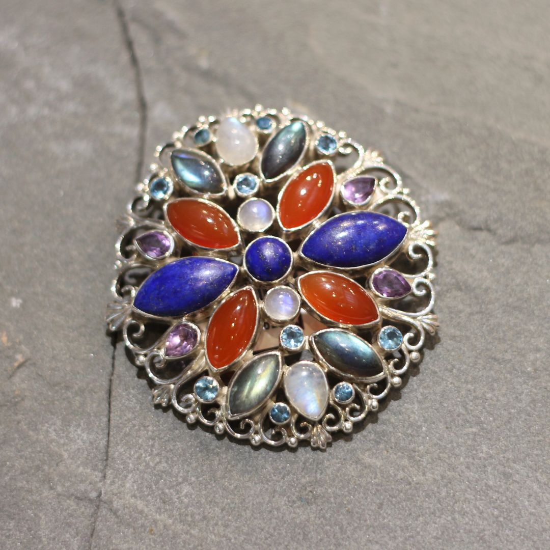 Large Round Silver Gemstone Brooch