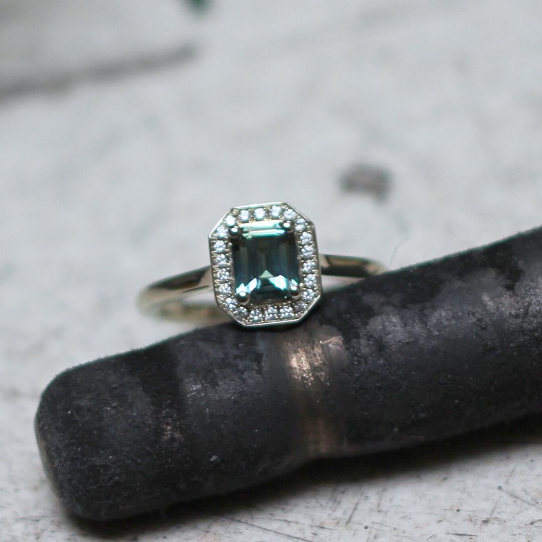 Teal Sapphire Diamond Halo Engagement Ring