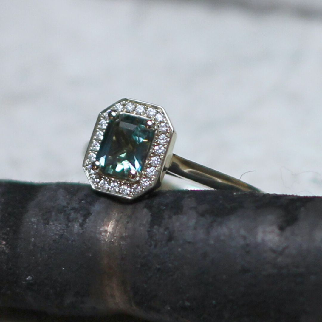 Teal Sapphire Diamond Halo Engagement Ring