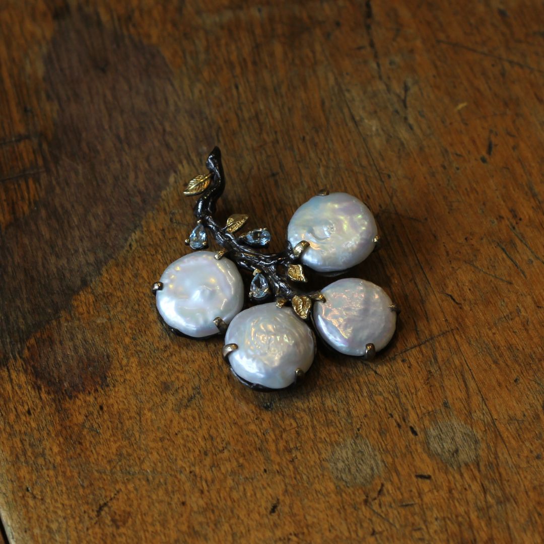 Branches - Aquamarine and Coin Pearl Brooch