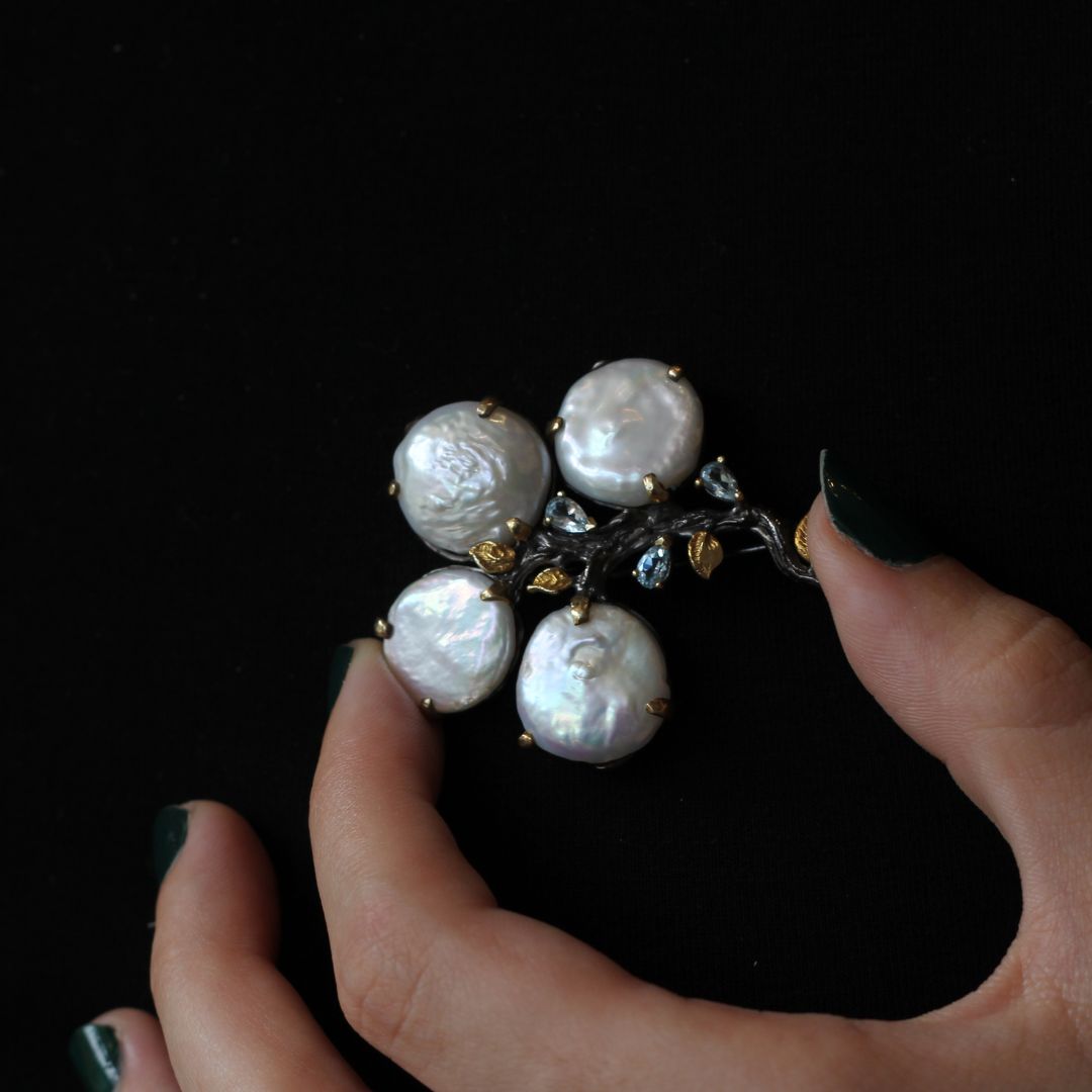 Branches - Aquamarine and Coin Pearl Brooch