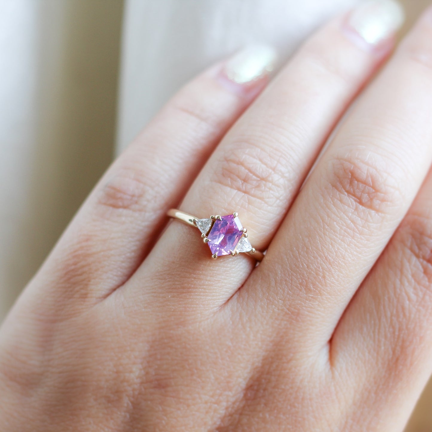 Pink Hexagon Sapphire Engagement Ring