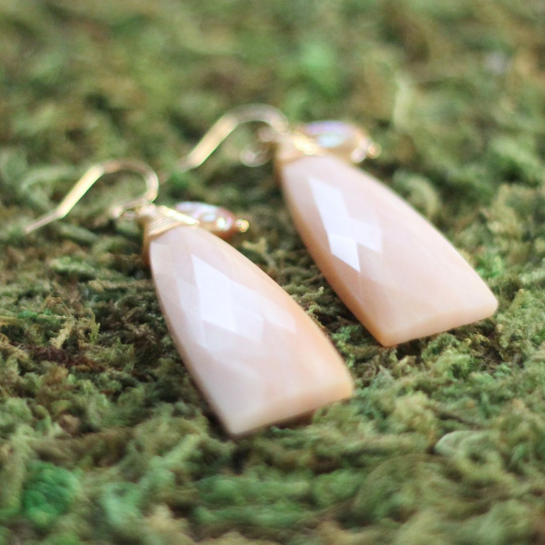 Peach Moonstone & Pearl Drop Earrings