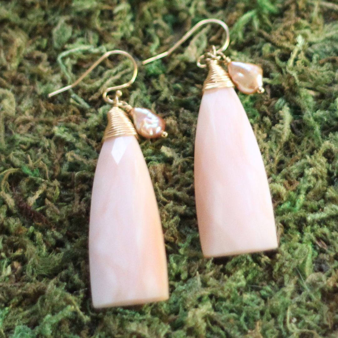 Peach Moonstone & Pearl Drop Earrings