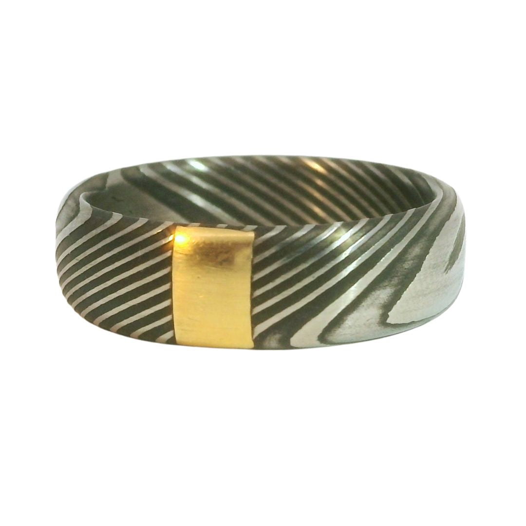 Damascus Steel and Gold Accent Band