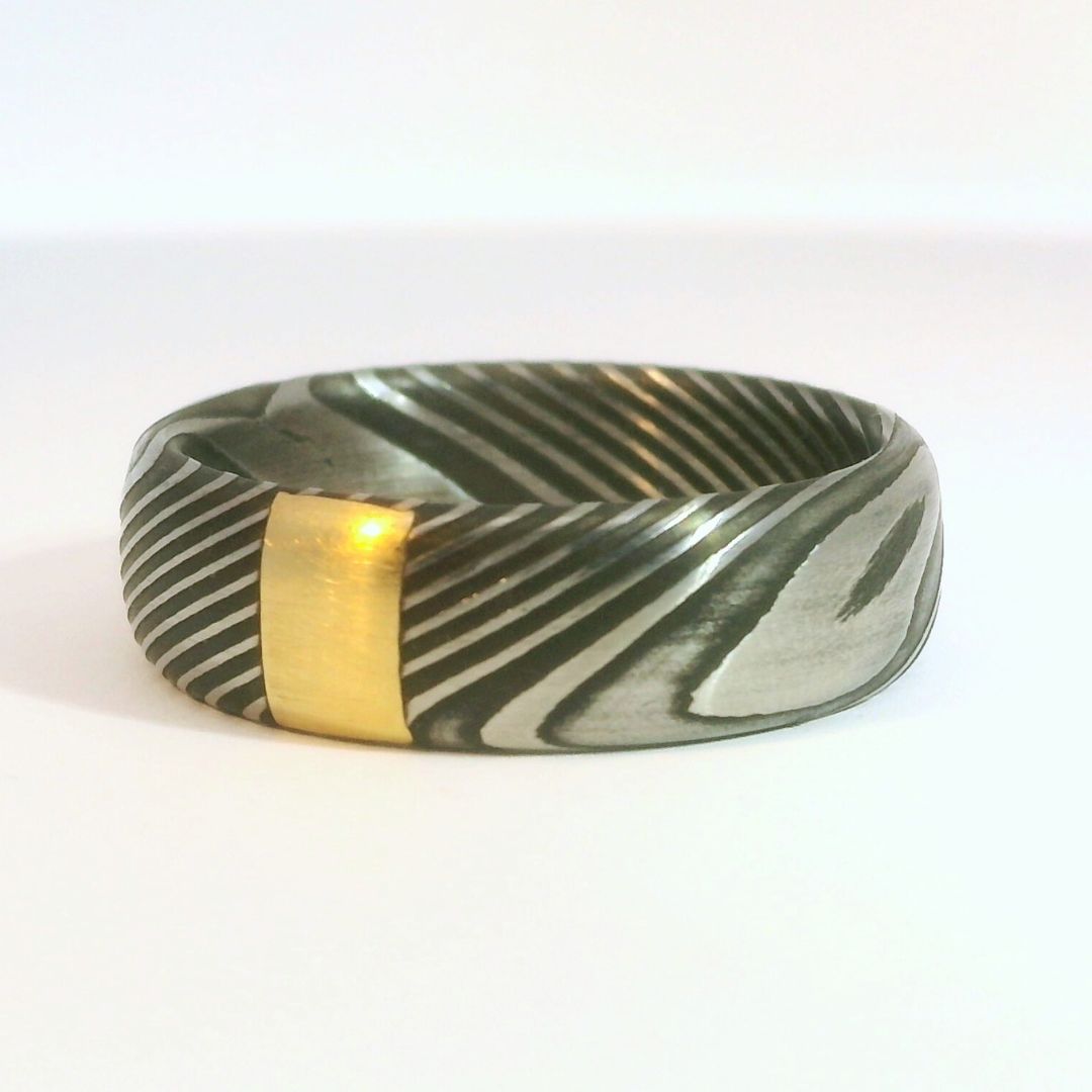 Damascus Steel and Gold Accent Band