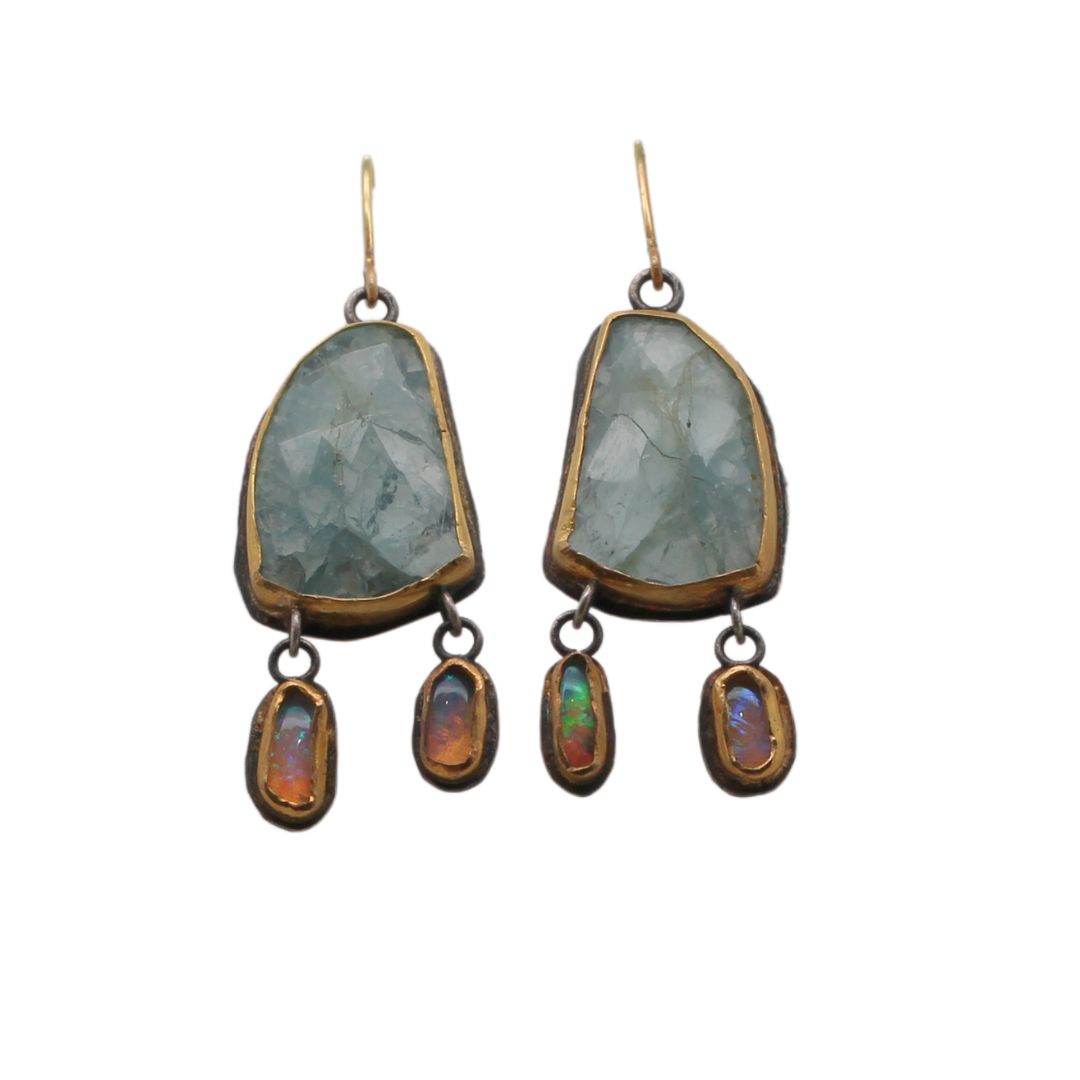 Aquamarine and Opal Dangle Drop Earrings