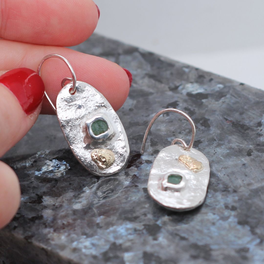 Tablet - Gold and Silver Emerald Earrings