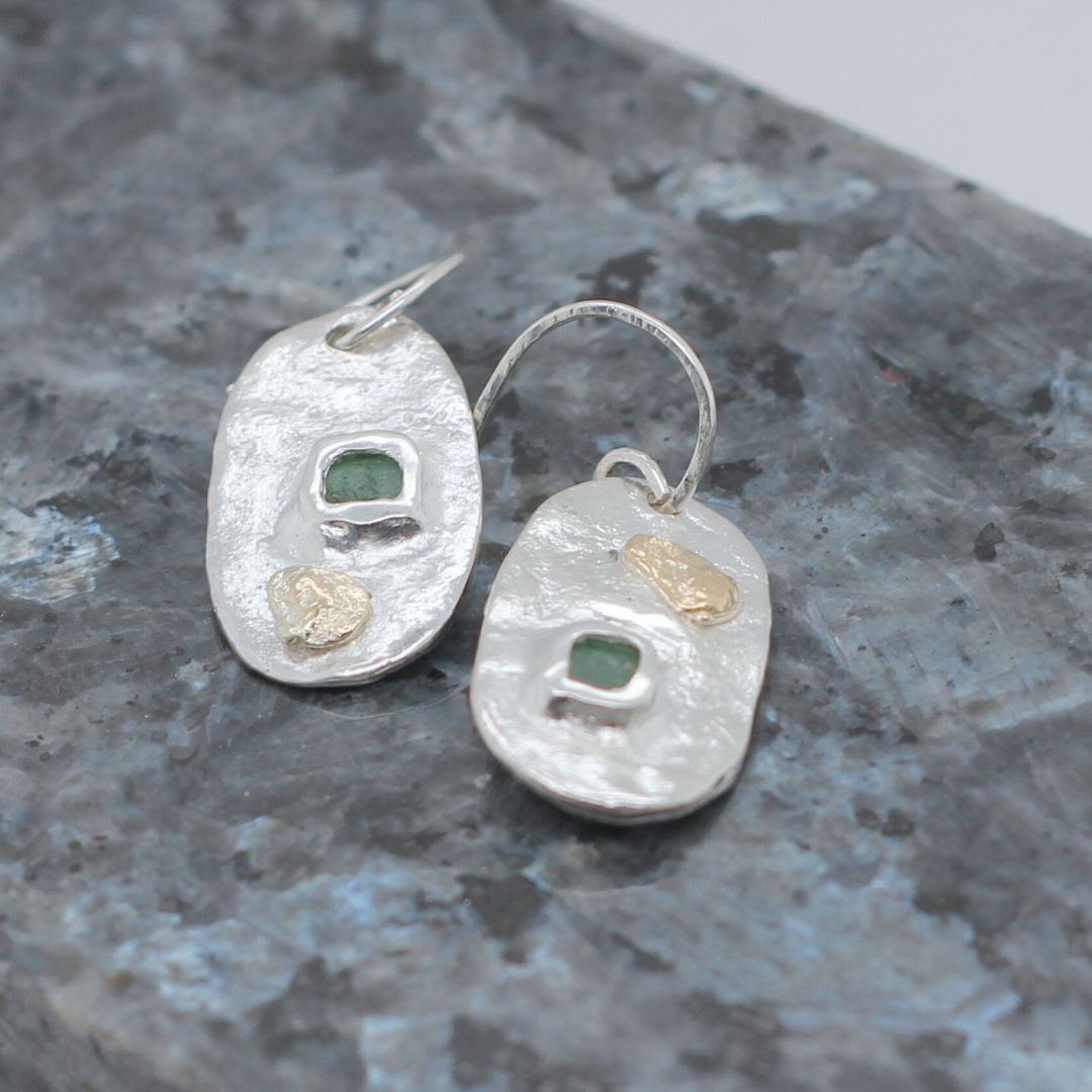 Tablet - Gold and Silver Emerald Earrings