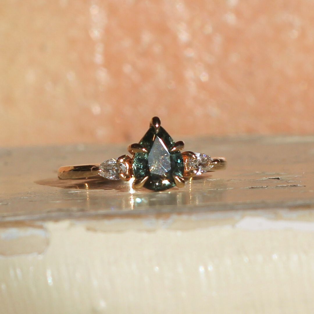 Pear-cut Green Sapphire & Diamond Engagement Ring