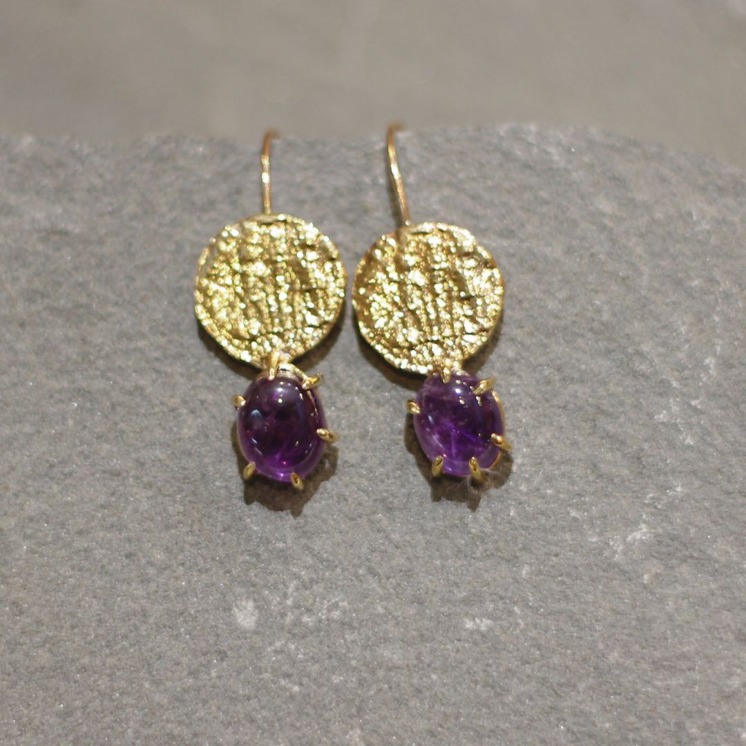 Amethyst Brass Coin Earrings