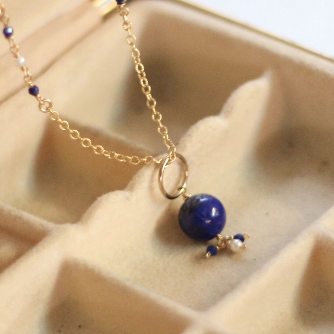 Lapis & Pearl Cluster Drop Necklace