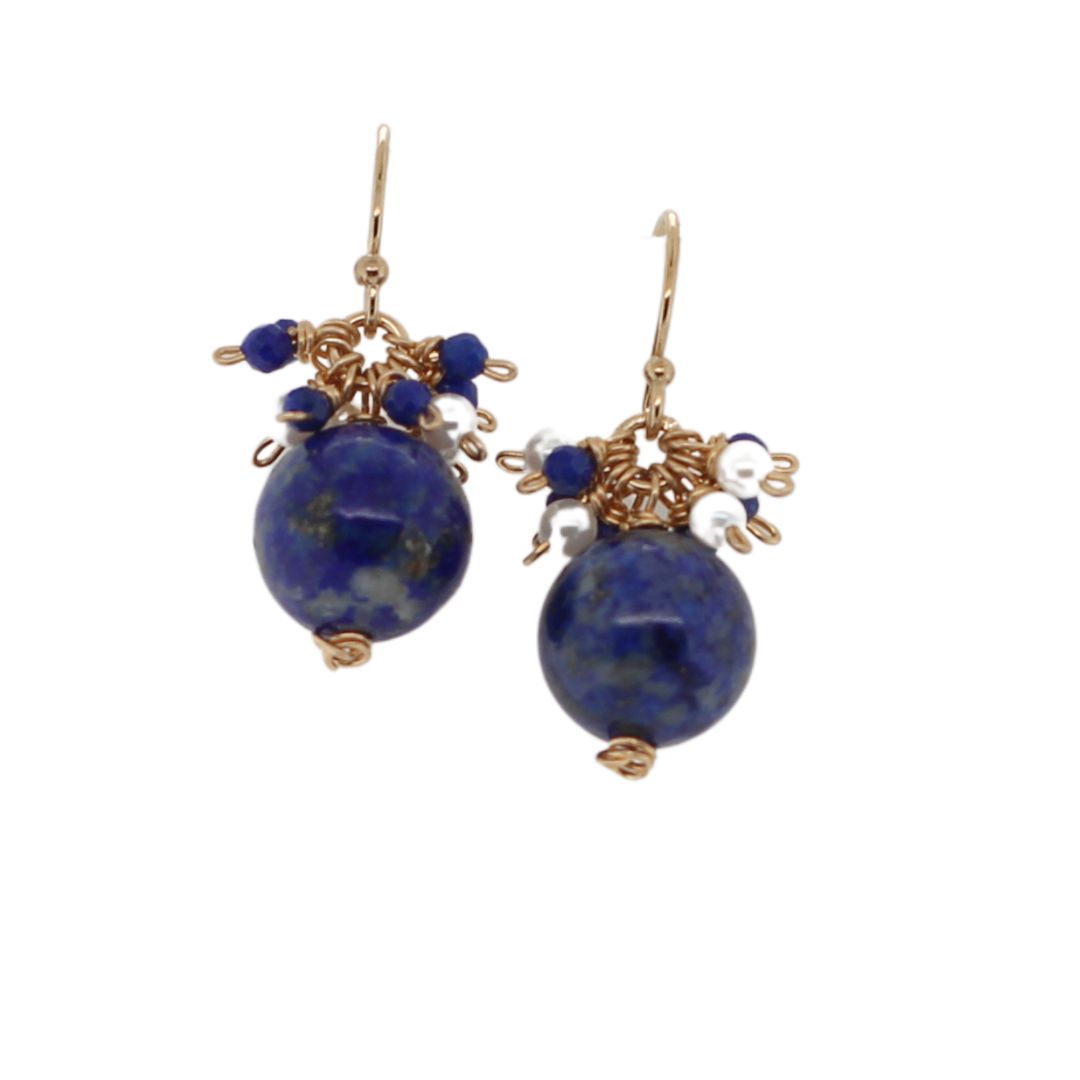 Lapis & Pearl Cluster Drop Earrings