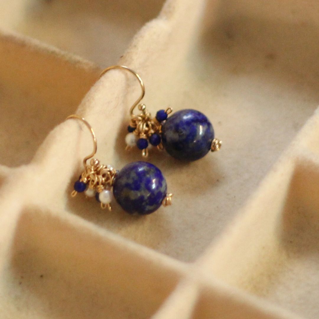 Lapis & Pearl Cluster Drop Earrings