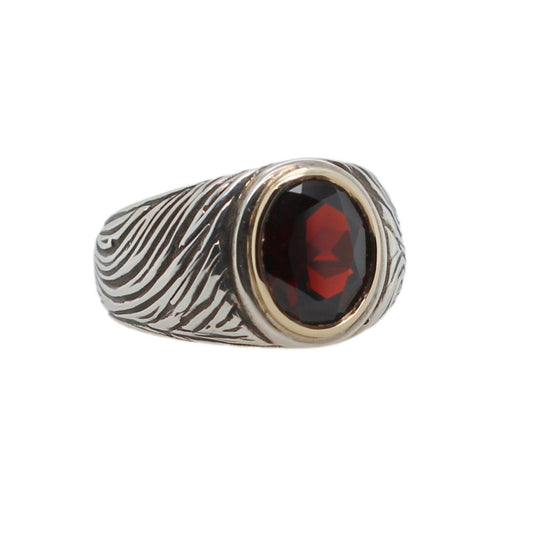 Garnet Textured Gold & Silver Signet Ring