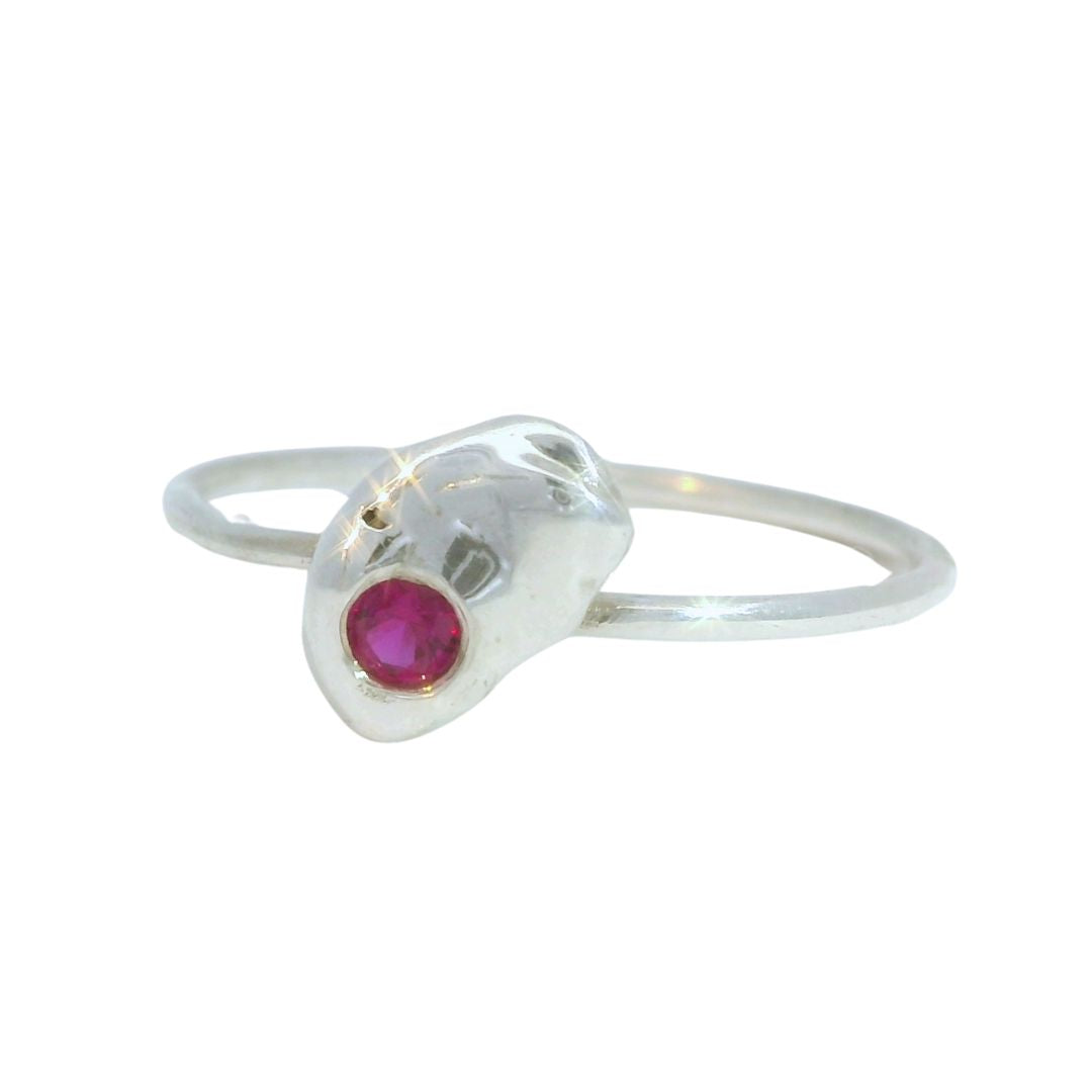 Dainty Silver Pebble + Ruby Stacking Ring