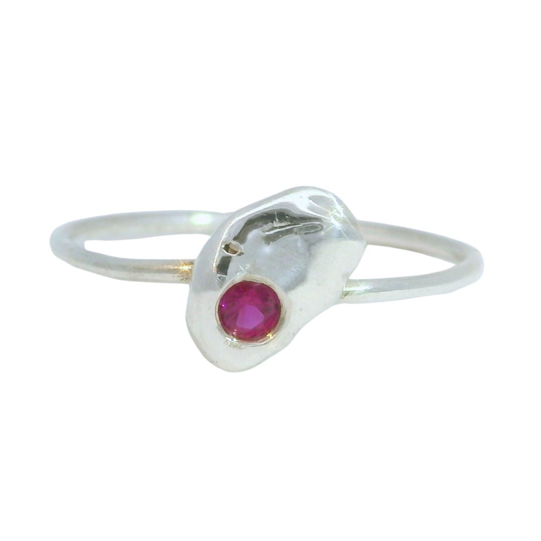 Dainty Silver Pebble + Ruby Stacking Ring