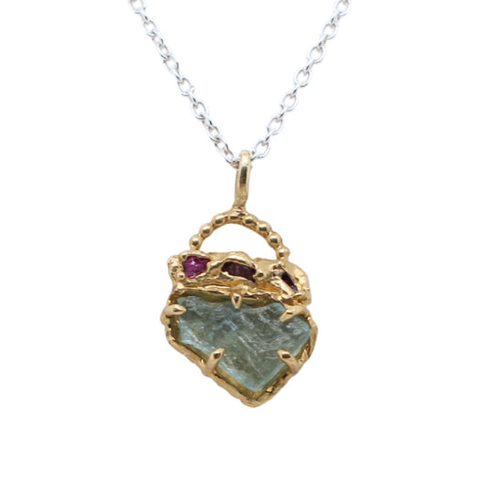 Aquamarine and Ruby Organic Textured Brass Necklace