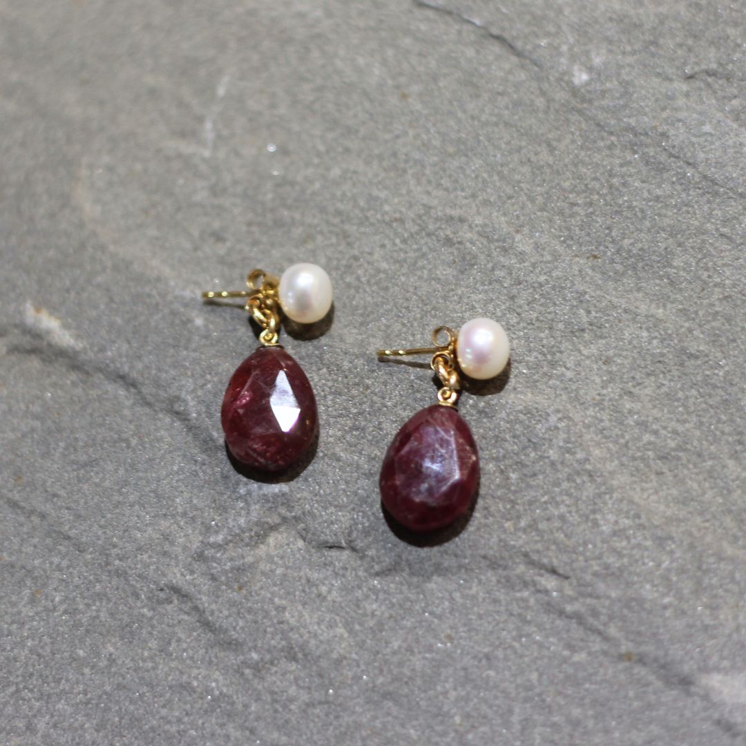 Pearl & Ruby Drop Earrings