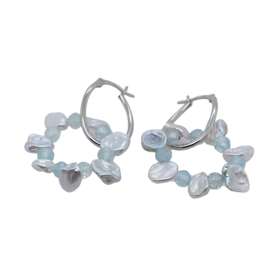 Aquamarine and Pearl Cluster Hoop Earrings