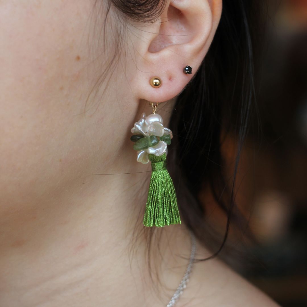 Peridot and Pearl Tassle Earrings