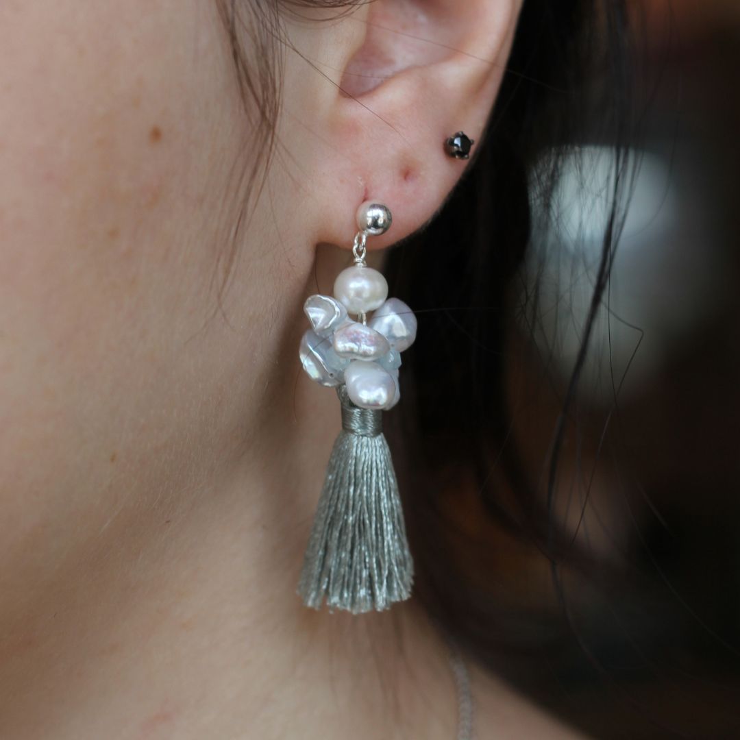 Aquamarine and Pearl Tassle Earrings