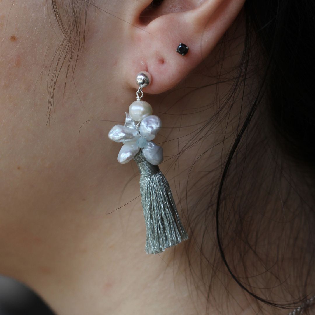 Aquamarine and Pearl Tassle Earrings