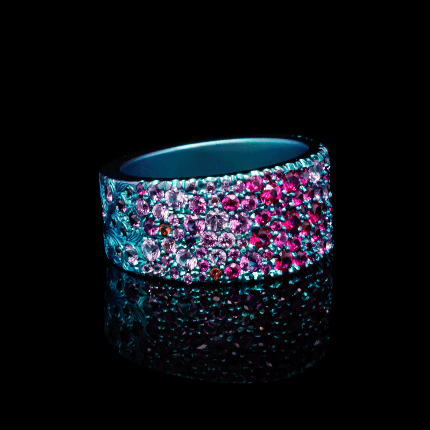 Borealis Bling - Pink Sapphire & Titanium Fine Engraved Band