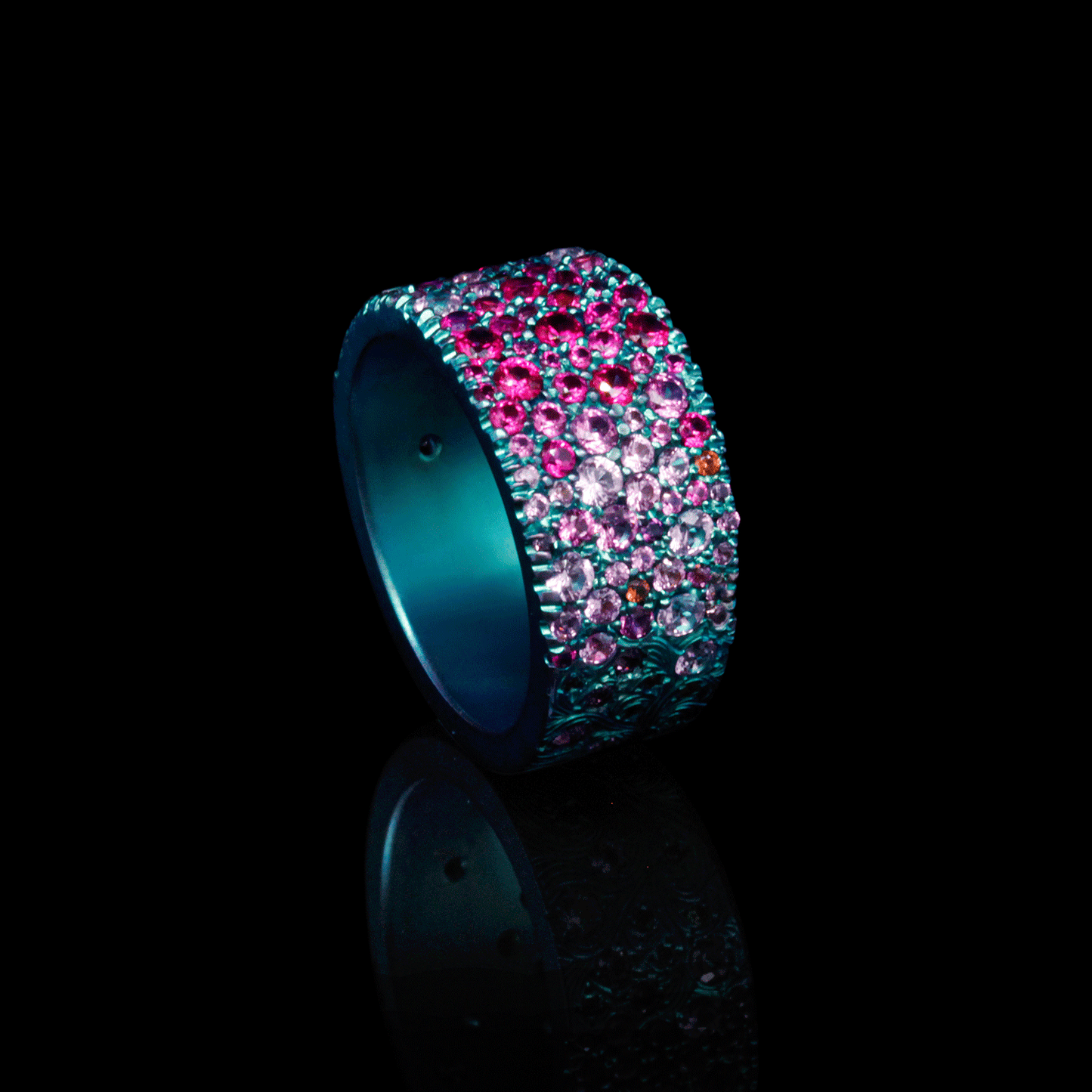 Borealis Bling - Pink Sapphire & Titanium Fine Engraved Band