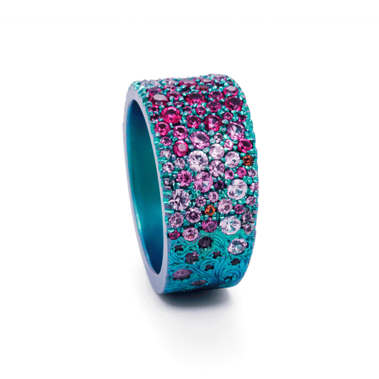 Borealis Bling - Pink Sapphire & Titanium Fine Engraved Band