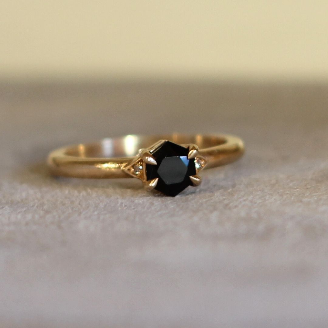 Hexagn-Cut Black Spinel Engagement Ring